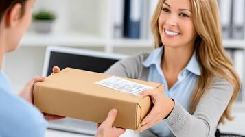 A woman is handing a package to a man photo