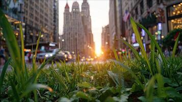 A grassy field with buildings in the background photo