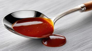 Spoon filled with rich brown sauce on a smooth metallic surface showcasing a glossy texture and appealing sheen photo
