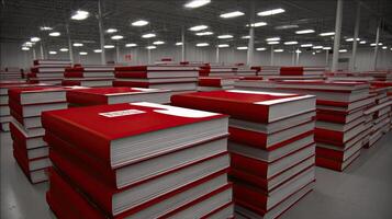A large warehouse full of red books photo