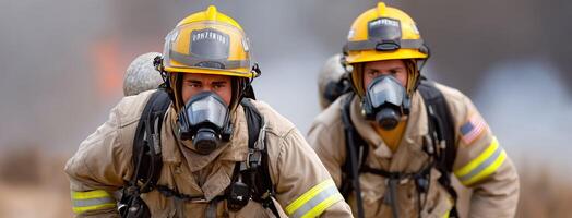 Two firefighters wearing gas masks and helmets photo