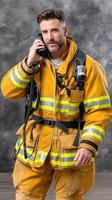 A man in a firefighter uniform talking on the phone photo