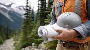 A man in an orange vest and hard hat holding a piece of paper photo