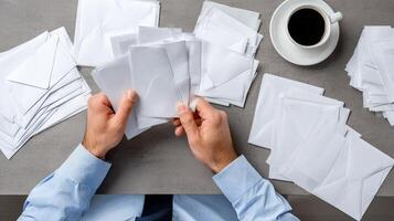 A man is holding envelopes on a table with a cup of coffee photo