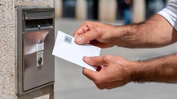 A person is putting a letter into a mailbox photo