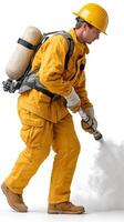 A man in yellow uniform spraying water on a white background photo