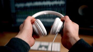 A person holding a pair of headphones in front of a computer photo