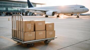 A cart with boxes on it is sitting on the tarmac photo