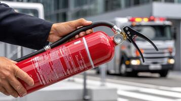 A person holding a fire extinguisher in front of a truck photo