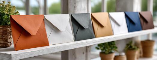 A row of envelopes on a shelf with potted plants photo