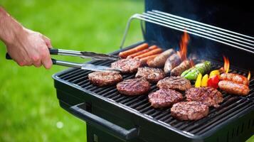 A person is cooking meat on a grill photo