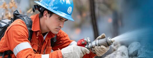 A man in an orange shirt and hard hat spraying water photo