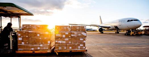 A large airplane is parked on the tarmac with boxes photo