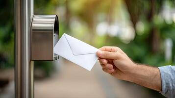 A person is holding an envelope from a mailbox photo