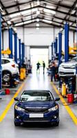 A car is sitting in a garage with a blue car photo