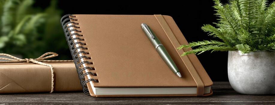 A notebook, pen and gift box on a wooden table photo