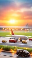 A miniature model of a car and airplane on the runway photo