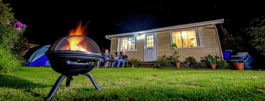 A fire pit in the yard of a house at night photo