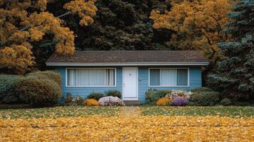 A small blue house surrounded by trees photo