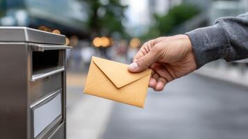 A hand is holding an envelope and putting it into a mailbox photo