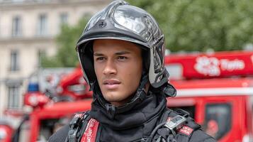 A man wearing a helmet and a black jacket photo