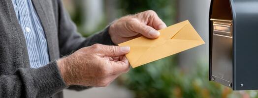 A man is holding an envelope out of a mailbox photo