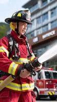A firefighter is spraying water on a building photo