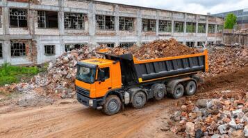 A dump truck is driving through a pile of rubble photo