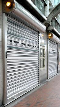Metal shuttered storefronts closed for the night in an urban setting near a busy promenade in the late evening hours photo