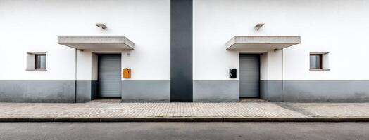 Two identical loading docks with gray and white walls located in an industrial area during daylight hours photo