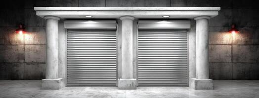Urban setting with metallic roll-up doors framed by concrete columns illuminated by red lights at night photo