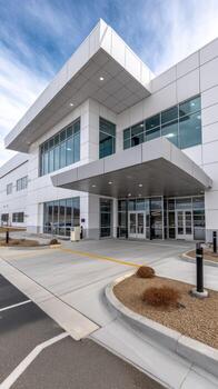 Modern architectural design showcases large entrance and sleek exterior at a corporate building during a clear day in an urban setting photo