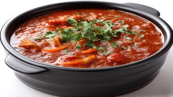 Savory stew simmering in a black pot garnished with fresh herbs, showcasing a rich, flavorful dish suitable for any dining occasion photo