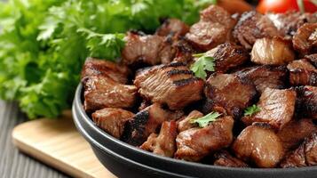 Savory grilled beef served in a black bowl accompanied by fresh herbs and vibrant vegetables at a summer barbecue photo