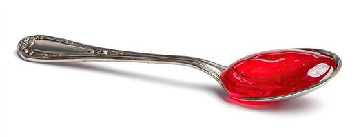 Spoon holding bright red gelatin dessert placed on a white surface illustrating a delightful treat ready to be enjoyed photo