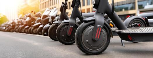 A row of electric scooters are parked on the street photo
