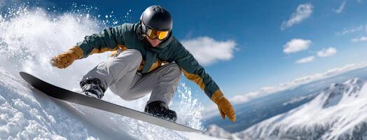A snowboarder is riding down a snowy slope photo