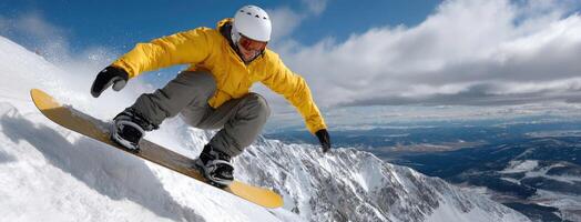 A snowboarder in yellow jacket is riding down a mountain photo