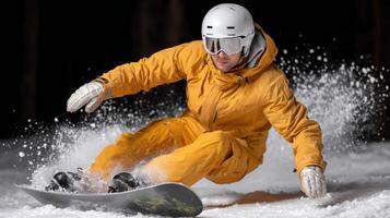 A man in yellow snow suit riding a snowboard down a hill photo