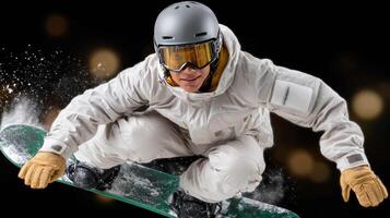 A man in white snow gear is riding a snowboard photo