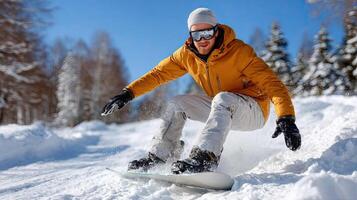 A man riding a snowboard down a snowy slope photo