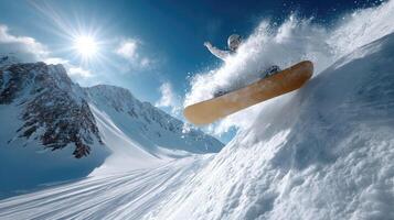 A snowboarder is jumping off a mountain photo