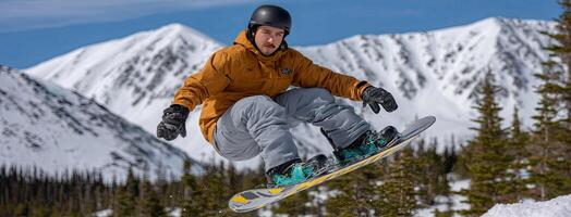A man in a snowboard jumps over a mountain photo