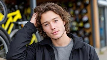 A young man with a bike in front of him photo
