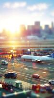 Airport with cars and airplanes on the runway at sunset photo