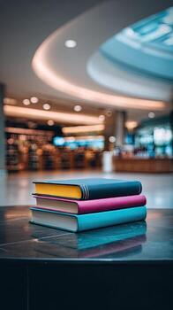 Stack of books on a table in a library photo