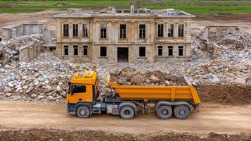 A dump truck is driving through a field photo
