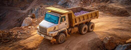 A dump truck is driving down a dirt road photo