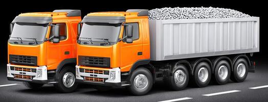 A large orange dump truck with a large white trailer behind it photo