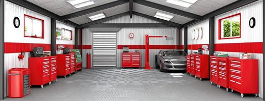 A garage with red and white cabinets and a car photo